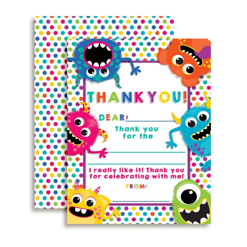 Amanda Creation Cute & Colorful Monsters Thank You Notes for Kids, Ten 4" x 5.5" Fill In The Blank Cards with 10 White Envelopes by AmandaCreation - Image 1